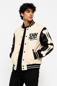 Unisex Cream Black Varsity Jacket Faux Leather Sleeves Bone Applique Snap <b>Button</b> Streetwear Bomber Custom Logo College Style - Product Image 3