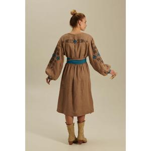 Kurti Largo Bohemio para Mujer, Color Marrón, Bordado, de Lino, Ecológico, Lavable, con Cinturón, de Manga Larga, al por Mayor - Product Image 2