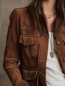 <b>Womens</b> <b>Brown</b> Genuine Suede Utility <b>Jacket</b> Handmade Vintage Boho Style - Product Image 2