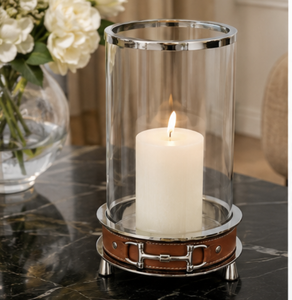Equestrian Inspired Metal Glass <b>Hurricane</b> Candle Holder with Horse Bit Strap Detail Decorative Tabletop Home Décor <b>Lantern</b> - Product Image 5
