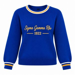 Suéter Azul Rey para Mujer con Cuello Redondo y Gráfico Dorado con Diseño 1922, Puños a Rayas Blanco y Dorado, Jersey de Punto Informal - Product Image 1