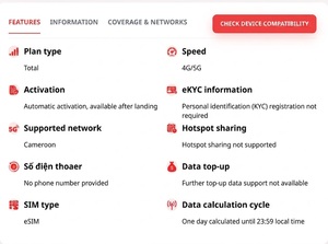 Forfait de données de voyage NionAir Cameroun ESIM 4G/5G 3GB/5GB/10GB / 30 jours Activation par code QR Livraison instantanée par e-mail - Product Image 2