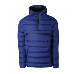 เสื้อแจ็คเก็ตพัฟเฟอร์มีฮู้ดสีน้ำเงินสำหรับผู้ชาย แบบซิปครึ่งตัว บุด้วยขนเป็ด กันลม เสื้อโค้ทฤดูหนาว สไตล์ลำลอง ทรงปกติ - Product Image 1