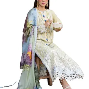 महिलाओं के लिए चिकनकारी पोशाकें प्रिंटेड दुपट्टा लंबी शर्ट शैली की कढ़ाई वाली लेस के साथ नवीनतम ईद संग्रह