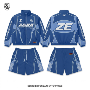 Mens Windbreaker Shorts <b>Set</b> 120 GSM Polyester Microfiber Blue White Panel Design Sublimation Custom Logo Sportswear - Product Image 1