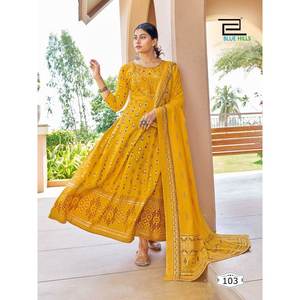 VESTIDO TRENDING RAYON FOIL ESTAMPADO CON MOSTAZA DUPATTA - Product Image 1