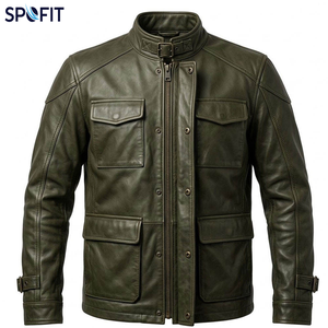 SPOFIT <b>Men's</b> Genuine <b>Leather</b> Moto <b>Jacket</b> Mandarin Collar Zipper Closure Solid Color Autumn Regular Fit Biker Style Embossed - Product Image 4