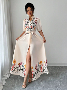 Robe d'été décontractée pour femmes, robe longue élégante pour femmes avec col à double volant en forme de feuille de lotus, broderie et doublure en coton - Product Image 4