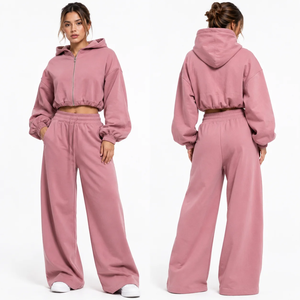 Ensemble de survêtement Vocksin pour femme, rose poudré, avec sweat à capuche court zippé et pantalon large en coton 100% épais, séchage rapide - Product Image 3
