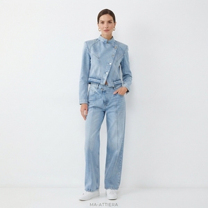 Women Light Blue Denim Jacket And Wide Leg Jeans Set Casual Two Piece Matching Denim Outfit <b>Streetwear</b> Fashion Clothing - Product Image 1