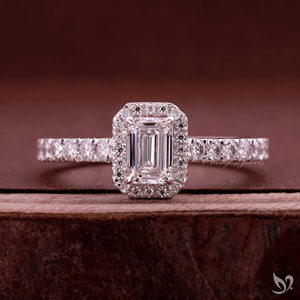 0.5 Carat Emerald Cut Halo <b>Diamond</b> <b>Ring</b> Lab Grown Stone Pave Band White Gold Engagement <b>Ring</b> - Product Image 1