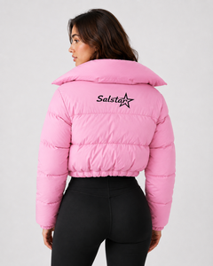 <b>Women</b>’s Pink Cropped Puffer Jacket with <b>Sherpa</b> Hood Custom Winter Quilted Hooded Down Jacket OEM/ODM <b>Women</b>’s Short Puffer <b>Coat</b> - Product Image 4