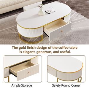 Tavolino da Caffè Ovale Moderno con Decorazioni in Metallo Dorato, Design a Profilo Curvo e Cassetti, Tavolo Centrale da 120 cm per Soggiorno - Product Image 6
