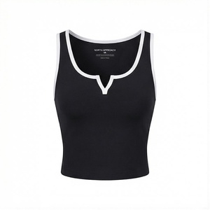 North Approach Women's Black V-Neck Crop <b>Top</b> Spaghetti Strap <b>Sweat</b>-Wicking Yoga Wear Solid Color Seamless Design - Product Image 1