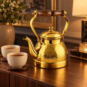 Bouilloire à thé en acier inoxydable martelé avec poignée en bois, 1,5 L, finition dorée, pot à eau pour servir le thé et le café - Product Image 2