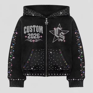 Sweat à capuche zippé en molleton lavé avec logo personnalisé en strass, mélange de coton, coupe oversize à épaules tombantes, style boxy, effet vieilli brodé - Product Image 2