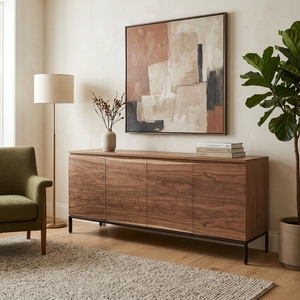 Buffet en bois massif de noyer naturel avec plateau à bord brut, armoire à 4 portes, base en métal noir, meuble TV pour salon - Product Image 5
