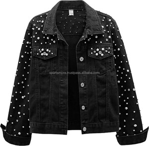 Vestes en jean pour femmes avec design en pierres de perle, vêtements décontractés en jean pour femmes, veste d'automne en jean à boutons - Product Image 2