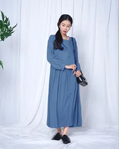 Vestido Maxi Bohemio Azul Cielo con Cuello Redondo, de Algodón y Lino, Manga Larga, Corte Holgado, Botones al Frente, Vestido Maxi Casual de Verano - Product Image 2