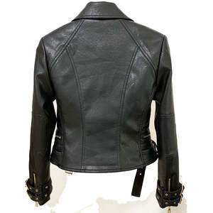 Chaquetas de cuero genuino de diseñador de lujo para mujer, estilo motero, corte ajustado, con herrajes dorados. - Product Image 4