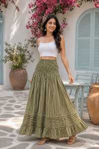 Vestido de gala bohemio para mujer, verde oliva, a rayas, con cintura natural, fruncido, hecho a mano, estampado a mano, largo hasta el suelo, de algodón, con vuelo escalonado - Product Image 2