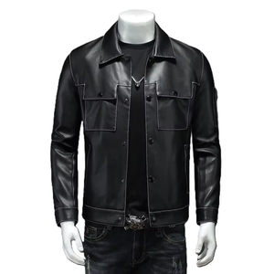 Mens Slim Fit Contrast Stitch Leather Trucker <b>Jacket</b> Black PU <b>Biker</b> <b>Jacket</b> White Stitch Streetwear Moto Coat - Product Image 5