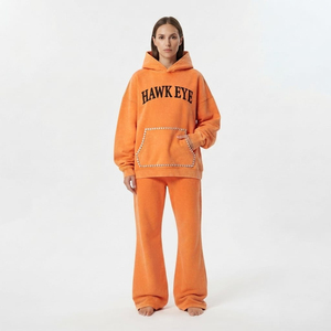 Custom <b>Women</b>’s Acid Wash Heavyweight Cotton Fleece Rhinestone Pullover Hoodie Wide Leg Pants Two Piece Winter <b>Tracksuit</b> - Product Image 3