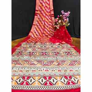 FANCY SILK DIGITAL PRINT and ZARI WEAVING BORDER WORK <b>SAREE</b> WITH UNSTITCHED BOLUSE <b>RED</b> - Product Image 1
