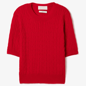 Pull en tricot torsadé rouge pour femme, manches trois quarts, col rond, 100% acrylique, décontracté, coupe classique, tricoté à la main, couleur unie - Product Image 1
