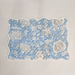 Light blue floral Four Napkins and Four Cotton Table quilted wave piped <b>Placemats</b> Indian Vintage Handmade Floral - Product Image 2