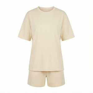 2 Piece High Quality Formal Solid Above Knee Home Wear Suit Short Sleeve T Shirt and Shorts <b>Twin</b> <b>Set</b> for Women - Product Image 1
