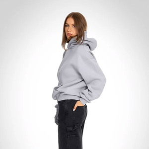Sweat-shirt à capuche zippé gris clair surdimensionné pour homme en molleton de coton, couleur unie, avec poches, coupe classique, anti-plis - Product Image 4