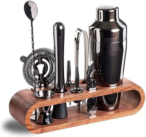 Juego de herramientas de bar moderno con soporte de madera, coctelera de acero inoxidable, jigger, colador y muddler para barman, utensilios de bar y uso en fiestas. - Product Image 6