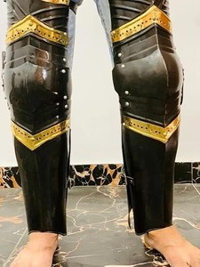 <b>Medieval</b> Modern Polished Stainless Steel Leg Armor with Die-Cut Printed Leather Straps for Traditional Theme Halloween <b>Costume</b> - Product Image 3