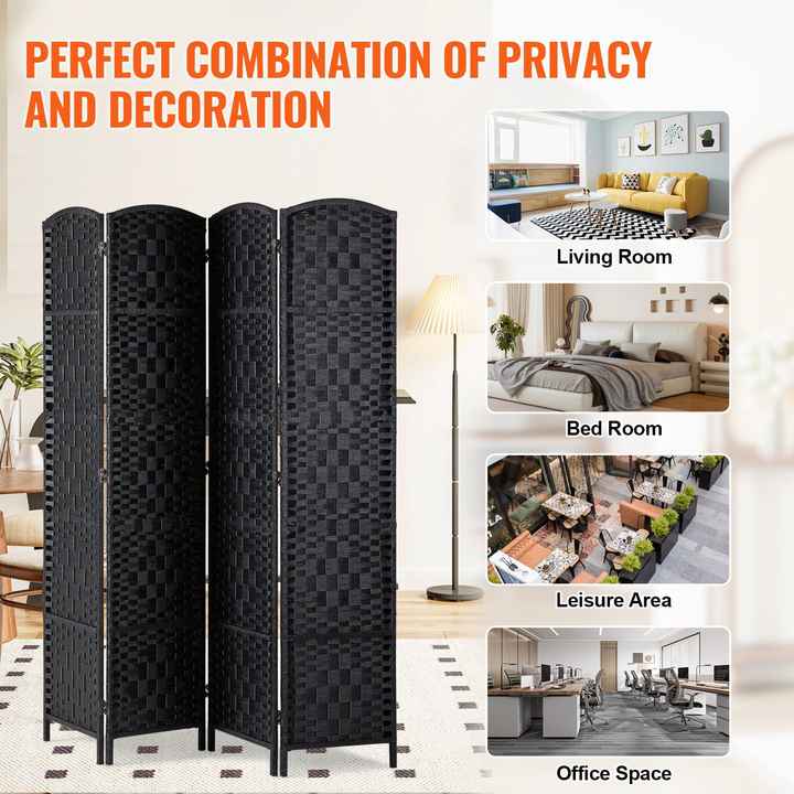 Hand-Woven 4-Panel Portable Freestanding Room Divider Black Folding Privacy Screens with Hinges Wall Divider for Room Separation