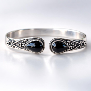 Black Onyx Sterling <b>Silver</b> Open Cuff <b>Bracelet</b> with Teardrop Gemstone Handcrafted Bohemian Statement <b>Bangle</b> Jewelry for Women - Product Image 3