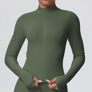 En gros Veste de yoga pour femme sans couture, vêtement de sport zippé avec passe-pouces, manteau de fitness à manches longues en maille - Product Image 3