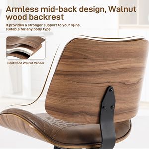 Sedia da Ufficio Girevole Moderna in Noce con Schienale in Legno Curvato e Rivestimento in Pelle PU, Senza Braccioli, Altezza Regolabile e Ruote per Scrivanie Piccole - Product Image 6