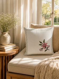 Minimal Pink Flower Cotton Cushion Cover Hand <b>Block</b> Style Decorative Throw Pillow Cover for Sofa Couch - Product Image 3