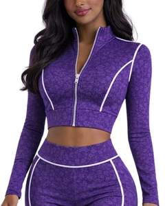 ชุดโยคะสองชิ้นสีม่วงสำหรับผู้หญิง เสื้อครอปซิปและกางเกงขาบานเอวสูง ตะเข็บตัดกัน ชุดออกกำลังกาย ชุดฟิตเนส ผู้ผลิตตามสั่ง - Product Image 2