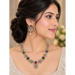 Fashion Chokers <b>Necklaces</b> Elegant Navratan Style Multi-Color Gemstone <b>Pearl</b> <b>Necklace</b> <b>Set</b> Gold-Plated Floral Cubic Zirconia - Product Image 5