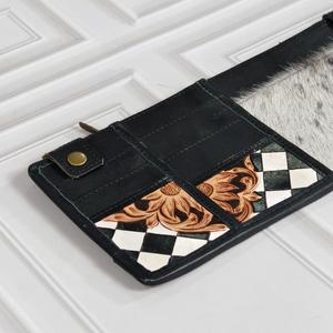 Cartera larga negra auténtica con patrón geométrico, cierre de cremallera, unisex, multifuncional, para uso diario, diseño minimalista - Product Image 5