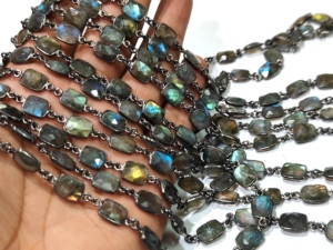 Brass Natural Labradorite Gray Flashy <b>Cushion</b> Shape 8x10mm Bezel Connector Chain Sold Per Foot for Jewellery Making - Product Image 1