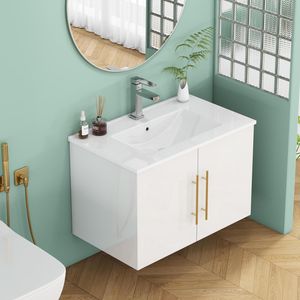 Meuble-lavabo mural blanc brillant de 30 pouces avec doubles portes à fermeture douce, crochets et longues poignées métalliques dorées pour une installation facile - Product Image 2