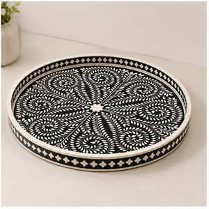 Bandeja Redonda Premium Hecha a Mano con Incrustaciones de Hueso Negro, Bandeja de Servicio de Resina Floral de Lujo al por Mayor para Decoración de Mesa de Centro a Precio Económico - Product Image 5