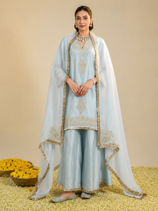 Conjunto de Kurta Bohobi para Mujer, Color Azul Polvo, Tejido, Cintura Natural, Lavable, Elegante, Cuello en V, Manga Acampanada, Bordado a Mano, para Fiesta, Gulmarg - Product Image 2