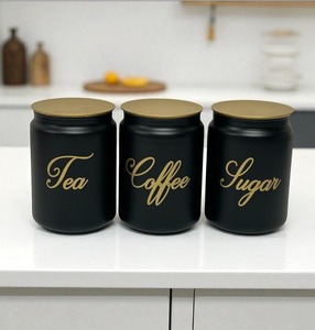 Tea Coffee Sugar Black Metal <b>Container</b> Set With Lid Airtight <b>Kitchen</b> <b>Storage</b> Canisters For Countertop Pantry Organizer - Product Image 1