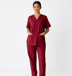Women's Red V-Neck <b>Scrub</b> <b>Set</b> With Pockets Breathable Polyester Pants Uniform Adult Medical Wear - Product Image 2