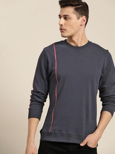 Sudadera de Cuello Redondo Azul Oscuro para Hombre, Corte Regular, Tejida, 100% Algodón, Informal, Diseño de Color Sólido para Otoño - Product Image 1