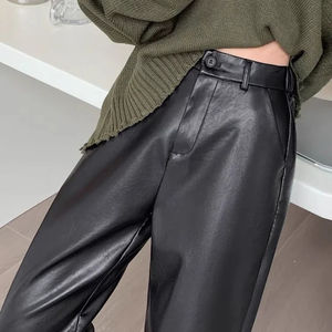Pantalon en cuir PU élastique noir pour femme, nouvelle collection automne-hiver 2025, taille haute, coupe droite, style Dad, pantalon harem à longueur cheville - Product Image 1